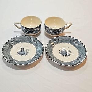 2 VTG Currier and Ives Tea Cups and Saucers